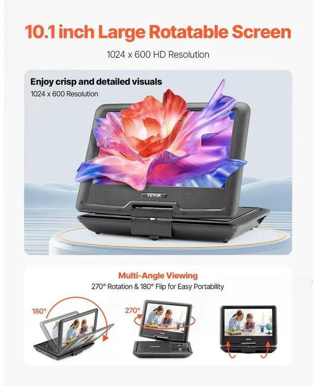Alt view image 2 of 7 - Portable DVD Player 10.1 inch HD Swivel Display Screen 4 Hours Built-in Battery