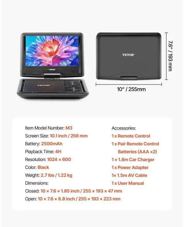 Alt view image 7 of 7 - Portable DVD Player 10.1 inch HD Swivel Display Screen 4 Hours Built-in Battery
