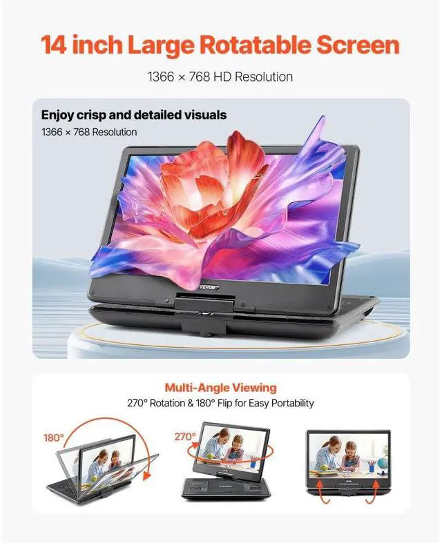 Alt view image 2 of 7 - Portable DVD Player 14inch HD Swivel Display Screen 4.5-5 Hours Built-in Battery