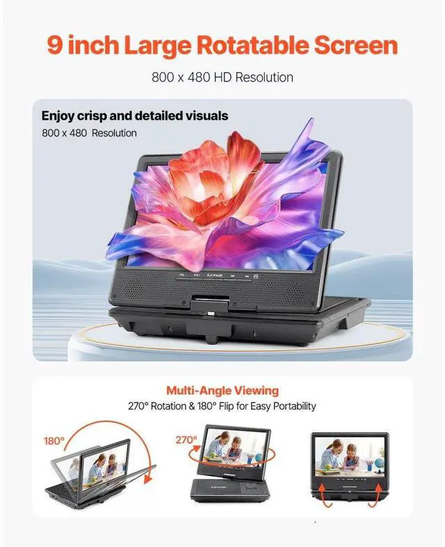 Alt view image 2 of 7 - VEVOR Portable DVD Player 9 in HD Swivel Display Screen 4 Hours Built-in Battery