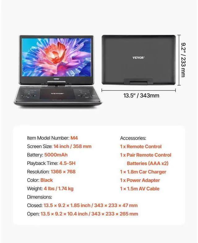 Alt view image 7 of 7 - Portable DVD Player 14inch HD Swivel Display Screen 4.5-5 Hours Built-in Battery
