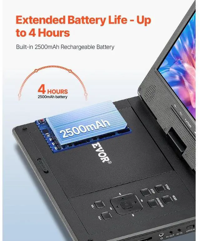 Alt view image 3 of 7 - VEVOR Portable DVD Player 9 in HD Swivel Display Screen 4 Hours Built-in Battery
