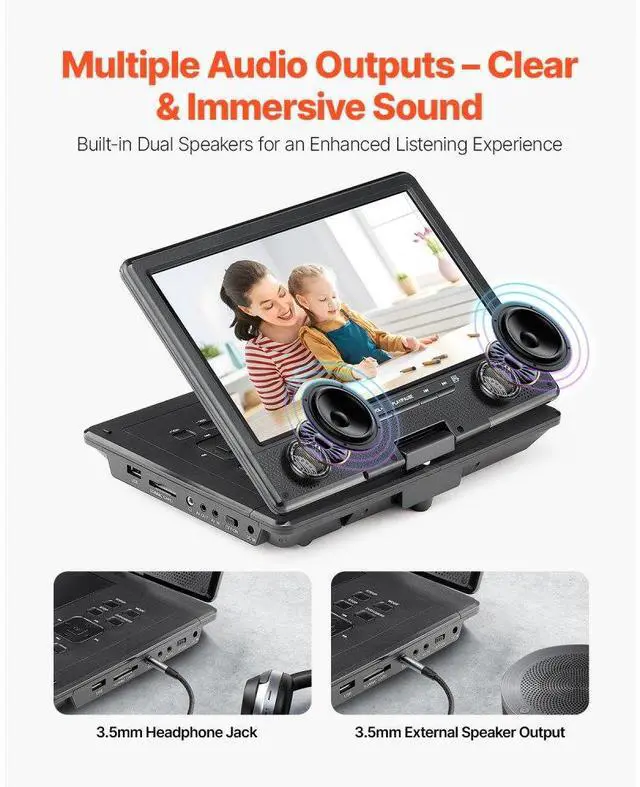Alt view image 4 of 7 - VEVOR Portable DVD Player 9 in HD Swivel Display Screen 4 Hours Built-in Battery