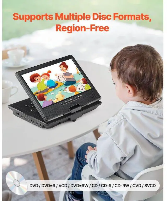 Alt view image 5 of 7 - VEVOR Portable DVD Player 9 in HD Swivel Display Screen 4 Hours Built-in Battery