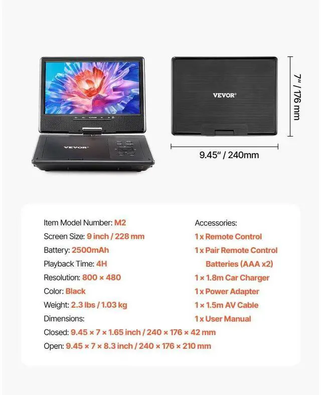 Alt view image 7 of 7 - VEVOR Portable DVD Player 9 in HD Swivel Display Screen 4 Hours Built-in Battery