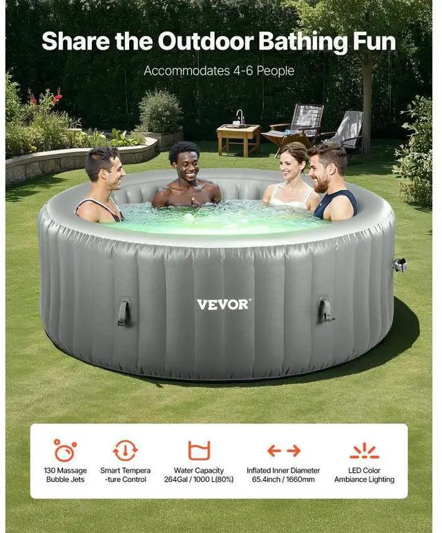Alt view image 2 of 7 - Inflatable Hot Tub 4 to 6 Person Capacity 81.9 x 26in Round Portable Outdoor Spa