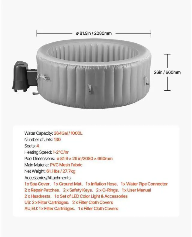 Alt view image 7 of 7 - Inflatable Hot Tub 4 to 6 Person Capacity 81.9 x 26in Round Portable Outdoor Spa
