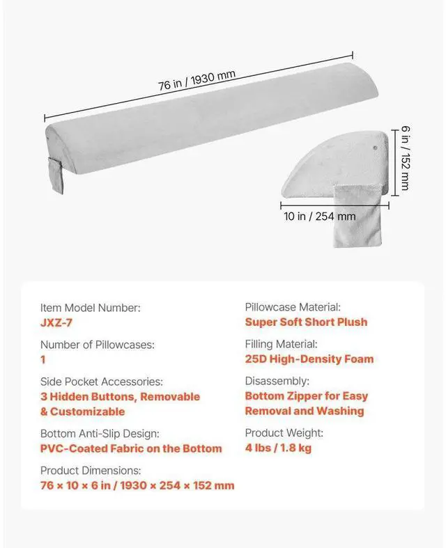 Alt view image 7 of 7 - Bed Wedge Pillow 76"x10"x6" Plush Bed Gap Filler Headboard Fill 0-7" Gap