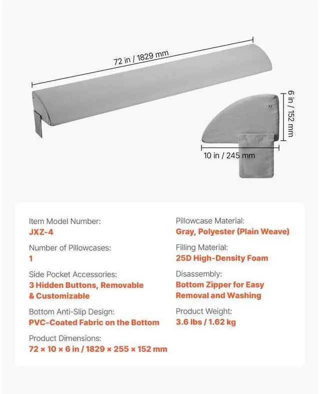 Alt view image 7 of 7 - Bed Wedge Pillow for Headboard 72" x 10" x 6" Bed Gap Filler Fill 0-7" Gap