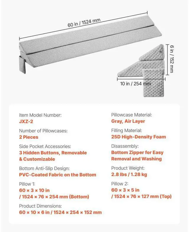 Alt view image 7 of 7 - Bed Wedge Pillow for Headboard 60"x10"x6" Bed Gap Filler Fill 0-7" Gap