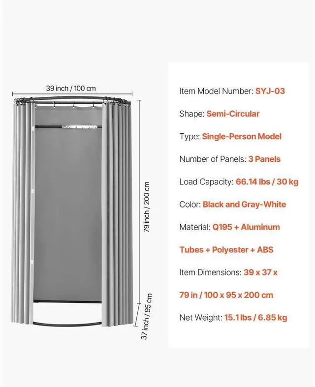 Alt view image 7 of 7 - VEVOR Fitting Room, Dressing Room with Thick Polyester Curtains, Privacy Space with Shading Curtain and a Hook, for Boutique, Mall, Tailor's Store & Outdoor 39 x 37 x 79 in (Black and Gray-White)