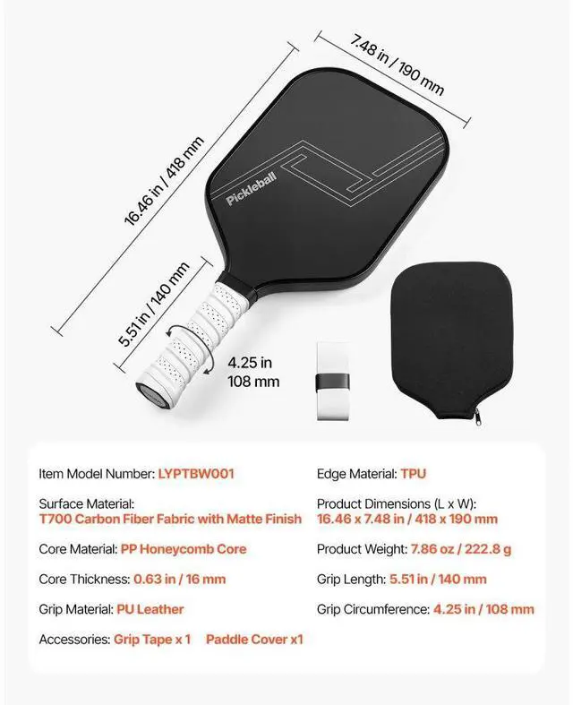 Alt view image 7 of 7 - Pro Carbon Fiber Pickleball Paddle Honeycomb Core Racket for Adults Black