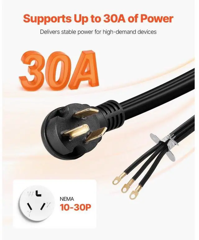 Alt view image 2 of 7 - 10 ft Dryer Power Cord 3-Prong NEMA 10-30P Dryer Cord w/ Eyelet Connectors