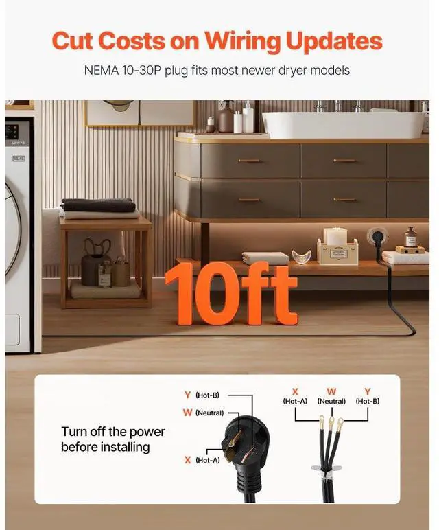 Alt view image 4 of 7 - 10 ft Dryer Power Cord 3-Prong NEMA 10-30P Dryer Cord w/ Eyelet Connectors