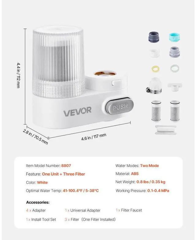 Alt view image 7 of 7 - Faucet Mount Water Filters Sink Water Purifier for Kitchen White Vertical