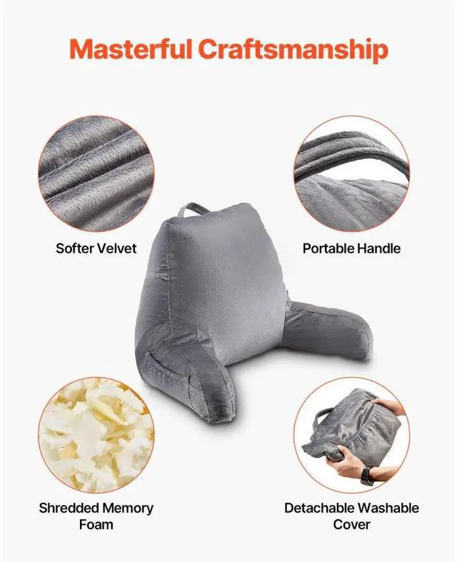 Alt view image 4 of 7 - VEVOR Reading Pillow, Standard Size Bed Pillow with Shredded Memory Foam, Back Pillow with 3 Pockets and Washable Short Velvet Cloth, Top with Handle, for Watching TV, Reading, Gaming, Resting, Grey