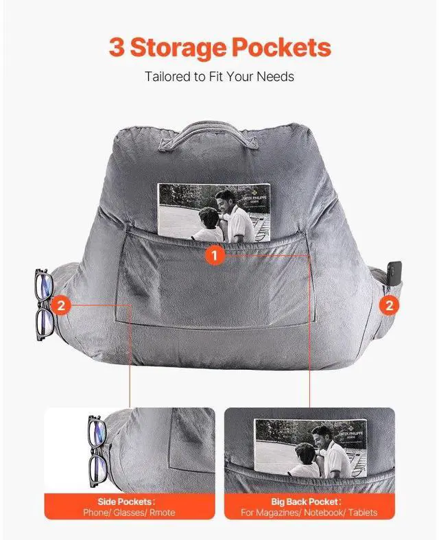 Alt view image 5 of 7 - VEVOR Reading Pillow, Standard Size Bed Pillow with Shredded Memory Foam, Back Pillow with 3 Pockets and Washable Short Velvet Cloth, Top with Handle, for Watching TV, Reading, Gaming, Resting, Grey