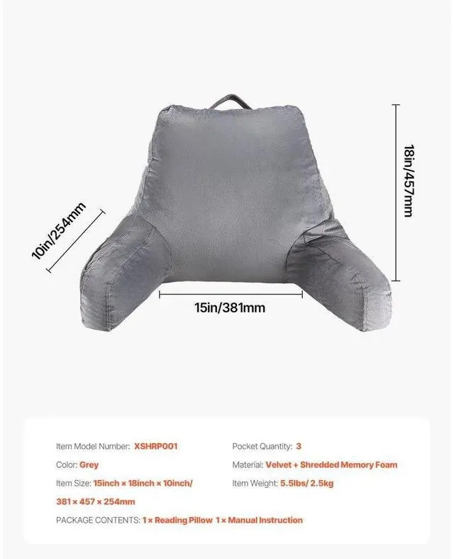 Alt view image 7 of 7 - VEVOR Reading Pillow, Standard Size Bed Pillow with Shredded Memory Foam, Back Pillow with 3 Pockets and Washable Short Velvet Cloth, Top with Handle, for Watching TV, Reading, Gaming, Resting, Grey