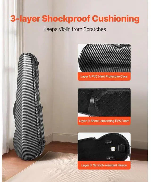 Alt view image 2 of 7 - Portable Composite Carbon Fiber 4/4 Full Size Violin Case Black Carrying Bag