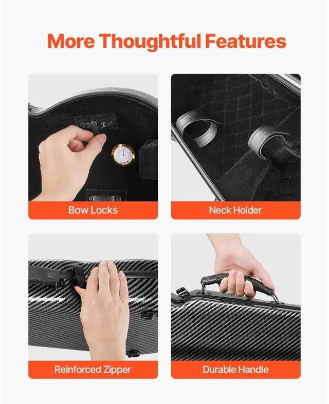Alt view image 6 of 7 - Portable Composite Carbon Fiber 4/4 Full Size Violin Case Black Carrying Bag
