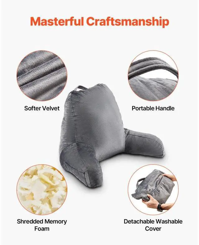 Alt view image 4 of 7 - VEVOR Reading Pillow, Large Size Bed Pillow with Shredded Memory Foam, Back Pillow with 3 Pockets and Washable Short Velvet Cloth, Top with Handle, for Watching TV, Reading, Gaming, Resting, Grey