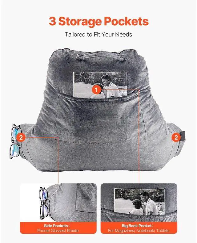 Alt view image 5 of 7 - VEVOR Reading Pillow, Large Size Bed Pillow with Shredded Memory Foam, Back Pillow with 3 Pockets and Washable Short Velvet Cloth, Top with Handle, for Watching TV, Reading, Gaming, Resting, Grey