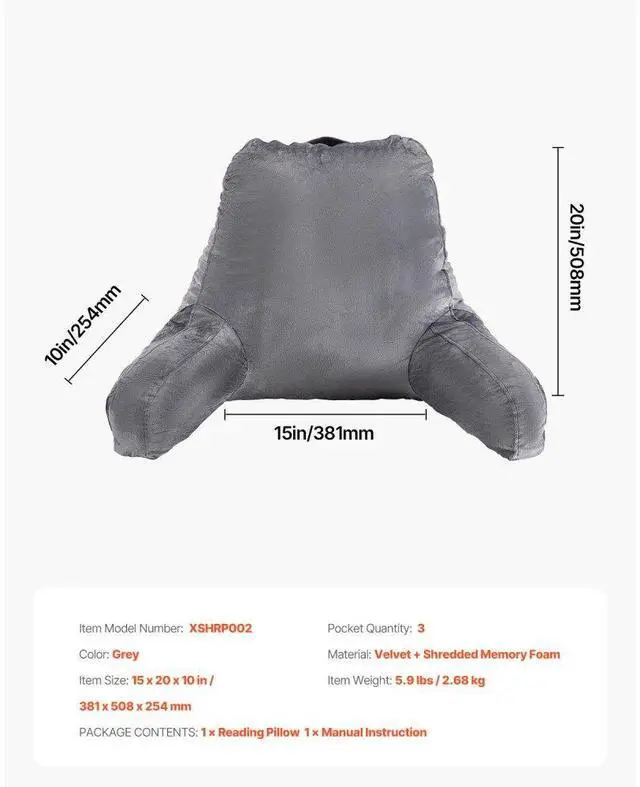 Alt view image 7 of 7 - VEVOR Reading Pillow, Large Size Bed Pillow with Shredded Memory Foam, Back Pillow with 3 Pockets and Washable Short Velvet Cloth, Top with Handle, for Watching TV, Reading, Gaming, Resting, Grey