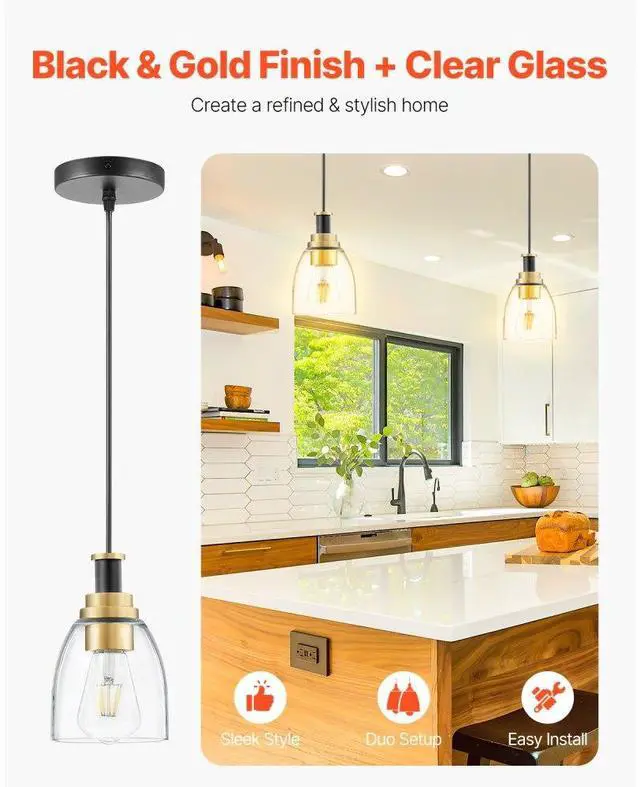 Alt view image 2 of 7 - VEVOR Pendant Light 1-Light Pendant Lighting with Glass Shade Adjustable Height