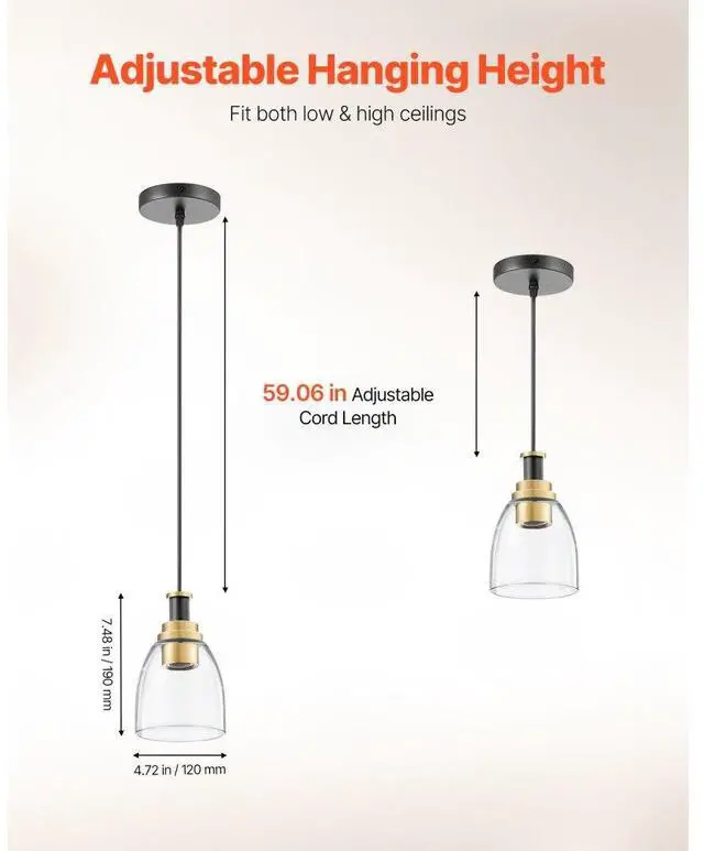 Alt view image 3 of 7 - VEVOR Pendant Light 1-Light Pendant Lighting with Glass Shade Adjustable Height