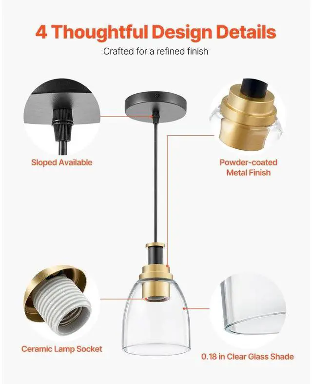 Alt view image 4 of 7 - VEVOR Pendant Light 1-Light Pendant Lighting with Glass Shade Adjustable Height