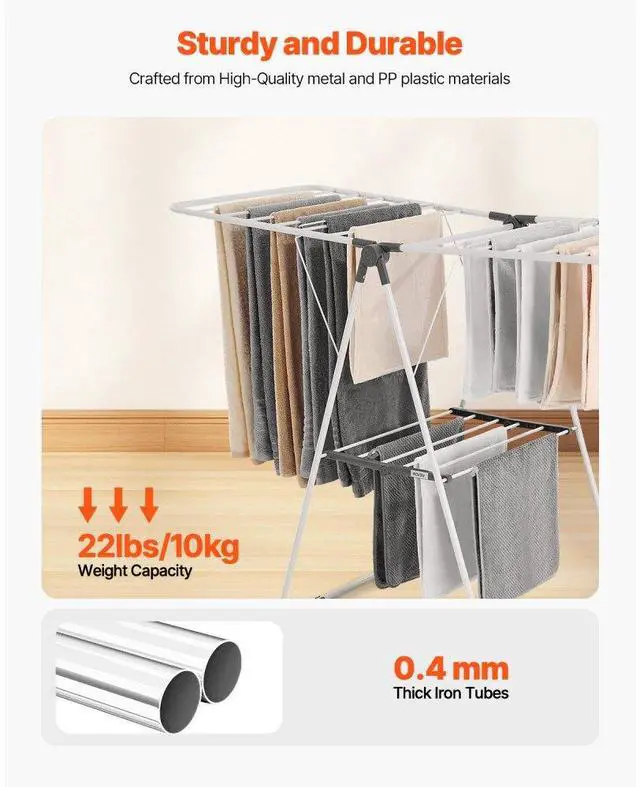 Alt view image 3 of 7 - VEVOR Clothes Drying Rack, 2-Tier Foldable Laundry Dryer Rack with Sock Clips & 21 Drying Rods, Metal Height Adjustable Drying Racks for Outdoor & Indoor, Free-Standing & Space-Saving Hanger, White