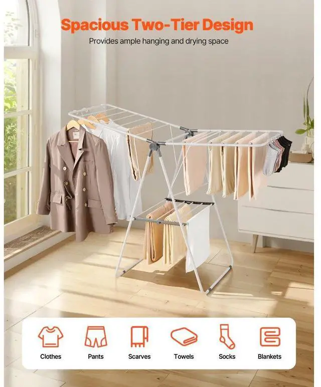 Alt view image 2 of 7 - VEVOR Clothes Drying Rack, 2-Tier Foldable Laundry Dryer Rack with Sock Clips & 21 Drying Rods, Metal Height Adjustable Drying Racks for Outdoor & Indoor, Free-Standing & Space-Saving Hanger, White