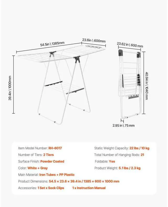 Alt view image 7 of 7 - VEVOR Clothes Drying Rack, 2-Tier Foldable Laundry Dryer Rack with Sock Clips & 21 Drying Rods, Metal Height Adjustable Drying Racks for Outdoor & Indoor, Free-Standing & Space-Saving Hanger, White