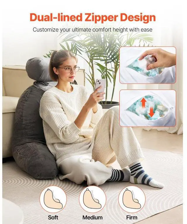 Alt view image 3 of 7 - VEVOR Reading Pillow, Large Bed Pillow with Removable Headrest, Back Pillow with 3 Pockets, Shredded Memory Foam and Washable Short Velvet Cloth, Side with Handles for Reading, Gaming, Resting, Grey