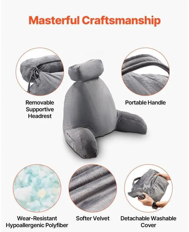 Alt view image 4 of 7 - VEVOR Reading Pillow, Large Bed Pillow with Removable Headrest, Back Pillow with 3 Pockets, Shredded Memory Foam and Washable Short Velvet Cloth, Side with Handles for Reading, Gaming, Resting, Grey