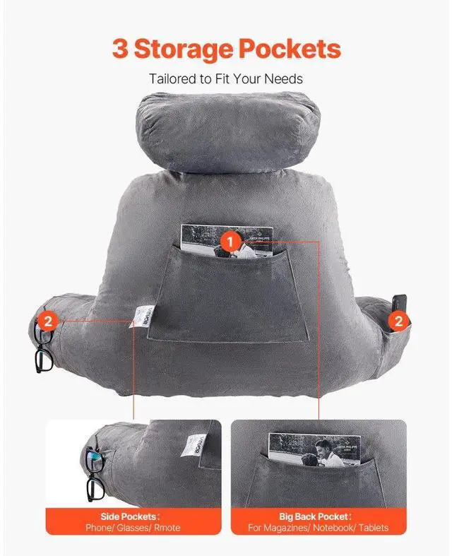 Alt view image 5 of 7 - VEVOR Reading Pillow, Large Bed Pillow with Removable Headrest, Back Pillow with 3 Pockets, Shredded Memory Foam and Washable Short Velvet Cloth, Side with Handles for Reading, Gaming, Resting, Grey