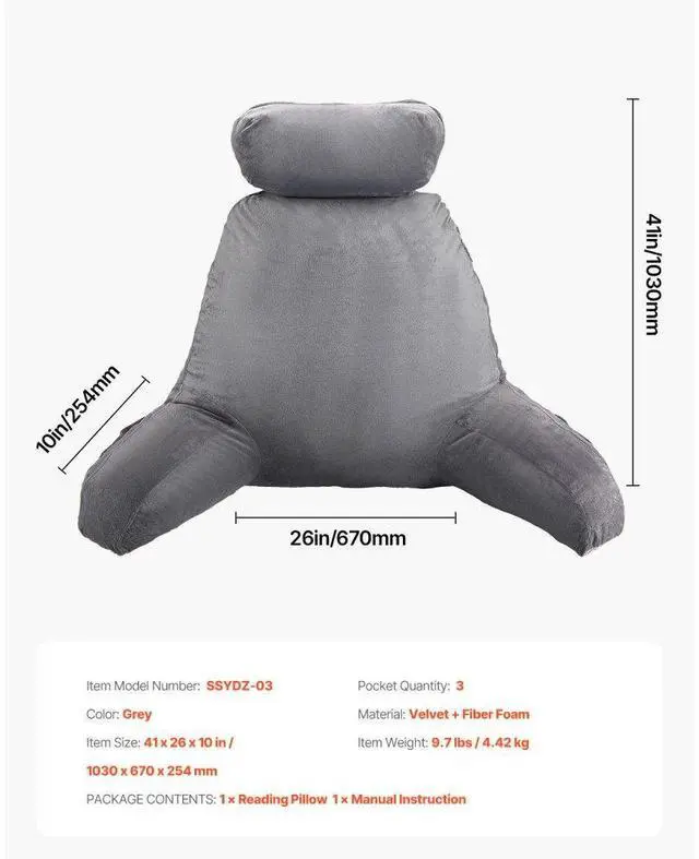 Alt view image 7 of 7 - VEVOR Reading Pillow, Large Bed Pillow with Removable Headrest, Back Pillow with 3 Pockets, Shredded Memory Foam and Washable Short Velvet Cloth, Side with Handles for Reading, Gaming, Resting, Grey