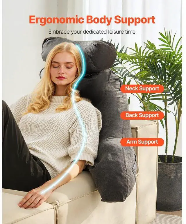 Alt view image 6 of 7 - VEVOR Reading Pillow, Large Bed Pillow with Removable Headrest, Back Pillow with 3 Pockets, Shredded Memory Foam and Washable Short Velvet Cloth, Side with Handles for Reading, Gaming, Resting, Grey