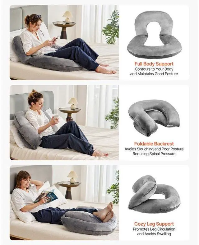 Alt view image 5 of 7 - VEVOR Reading Pillow, Large Size U-Shaped Sitting up Pillow, Washable Bed Pillow with Soft Velvet, Bed Rest Back Pillow, Ideal for Reading, Gaming, Resting, Working, Grey