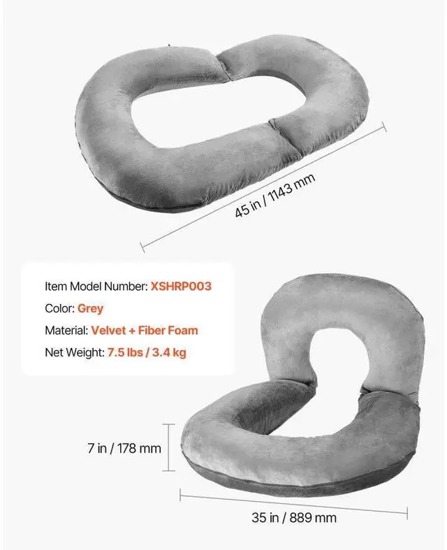 Alt view image 7 of 7 - VEVOR Reading Pillow, Large Size U-Shaped Sitting up Pillow, Washable Bed Pillow with Soft Velvet, Bed Rest Back Pillow, Ideal for Reading, Gaming, Resting, Working, Grey
