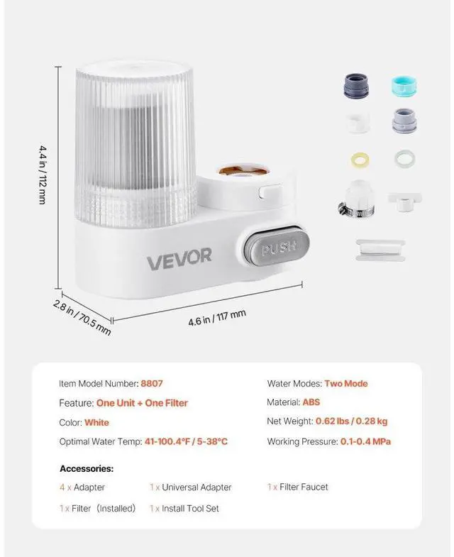 Alt view image 7 of 7 - Faucet Mount Water Filter Sink Water Purifier for Kitchen Vertical White