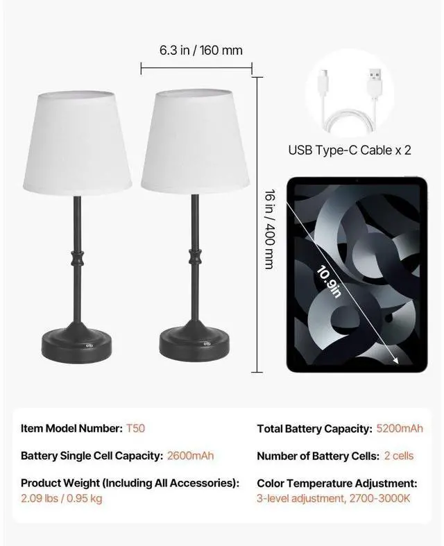 Alt view image 7 of 7 - Cordless Table Lamp 2 Pack Rechargeable Battery Desk Lamp Fabric Shade Black