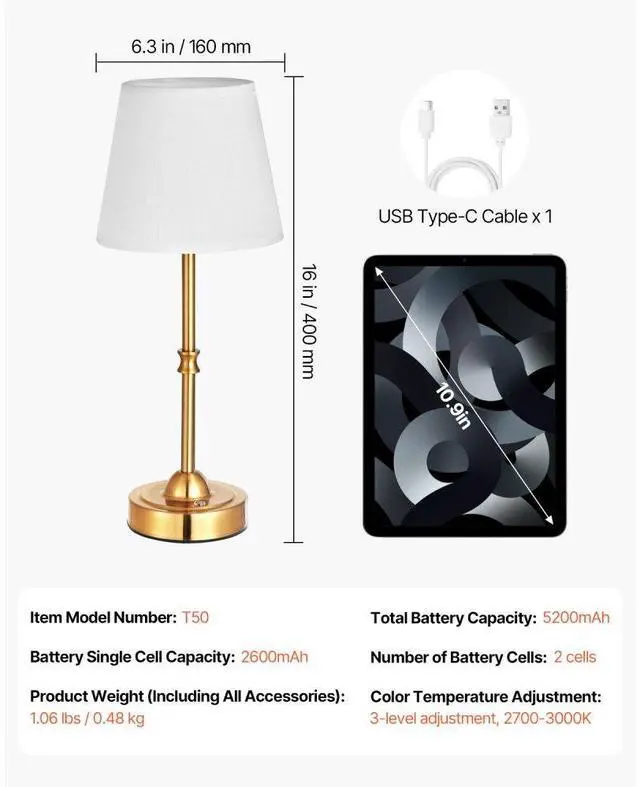Alt view image 7 of 7 - Cordless Table Lamp 5200mAh Rechargeable Battery Desk Lamp Fabric Shade Gold