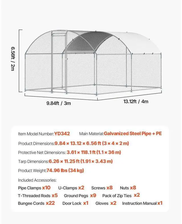 Alt view image 7 of 7 - Metal Chicken Coop 9.8x13.1x6.5 ft Walk-in Chicken Run with Cover Doom Roof