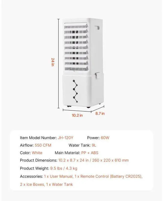 Alt view image 7 of 7 - Evaporative Air Cooler 9L 550 CFM Swamp Air Conditioner with 2 Ice Boxes
