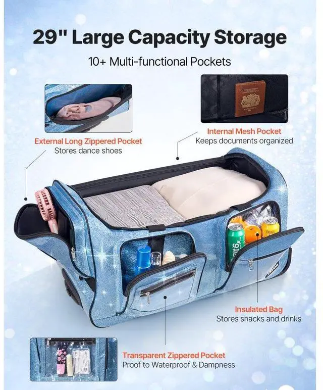 Alt view image 3 of 7 - 29 Inch Dance Bag with Garment Rack Rolling Duffle with Wheels for Travel Blue