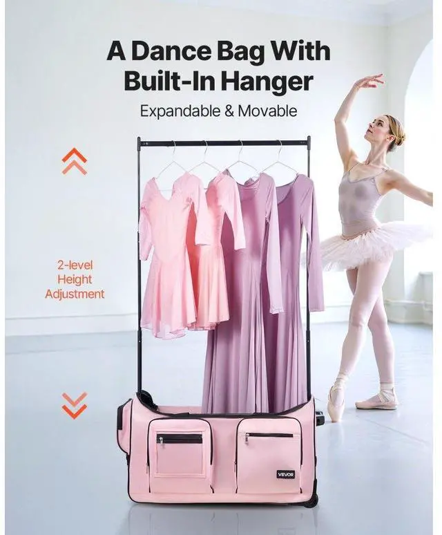 Alt view image 2 of 7 - 29 Inch Dance Bag with Garment Rack Rolling Duffle with Wheels for Travel Pink