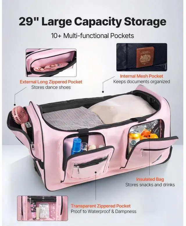Alt view image 3 of 7 - 29 Inch Dance Bag with Garment Rack Rolling Duffle with Wheels for Travel Pink