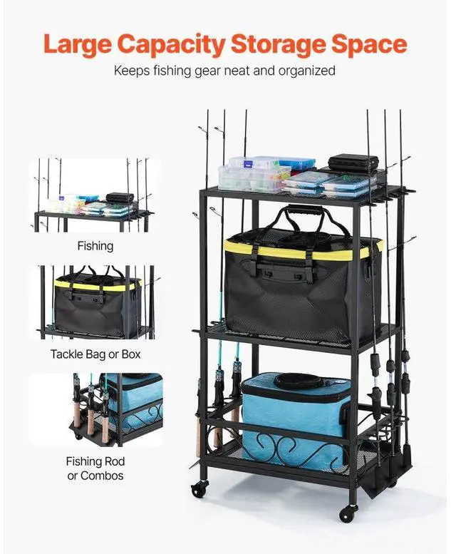 Alt view image 2 of 7 - 10 Pole Fishing Rod Holder Fishing Rack Cart Organizer with Wheels for Garage