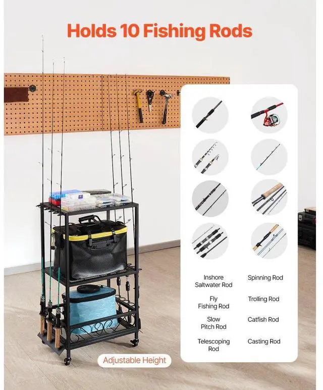 Alt view image 3 of 7 - 10 Pole Fishing Rod Holder Fishing Rack Cart Organizer with Wheels for Garage